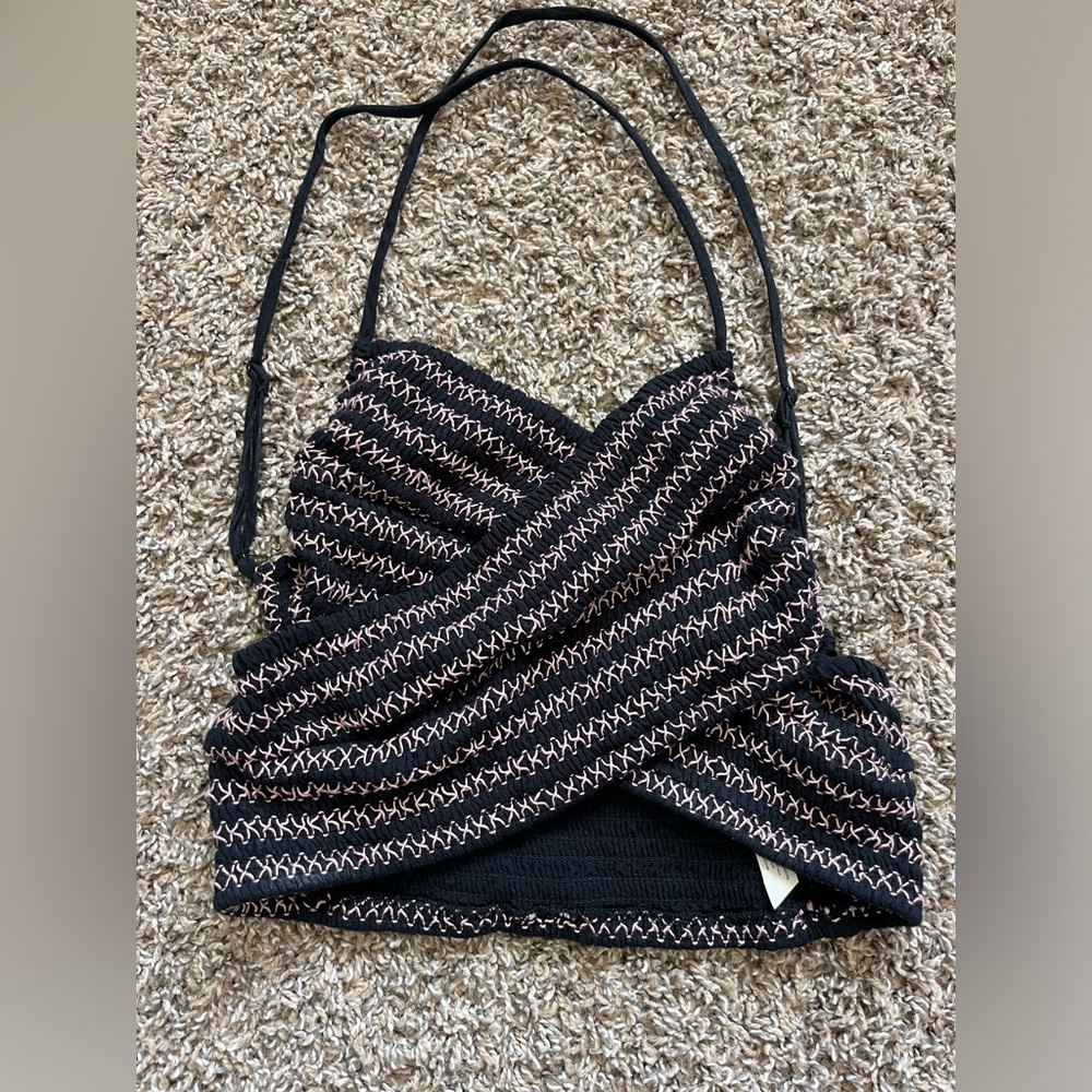 Intimately Free People Tank Top Womens S Striped Crop Crossed Strap Smocked